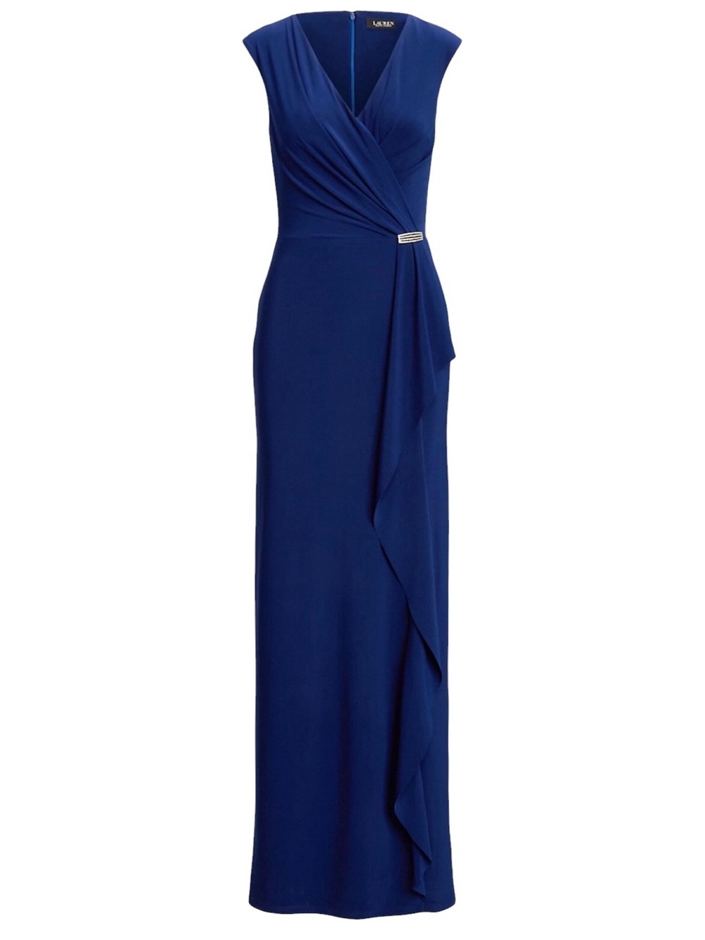 Lauren Ralph Lauren Blue Embellished Cap Sleeve Cascading Surplice Jersey Gown 6